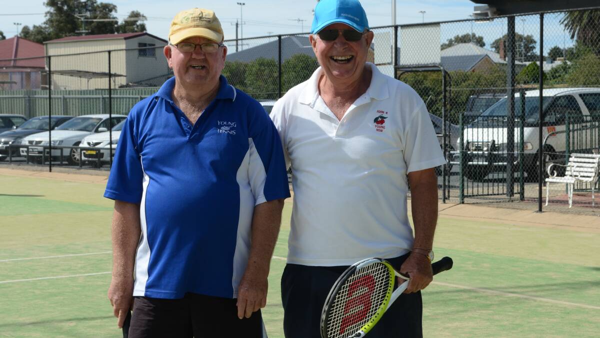 SOCIAL: Enjoying a hit of tennis for Seniors Week were team mates Kevin O’Brien and John R Barton. 	