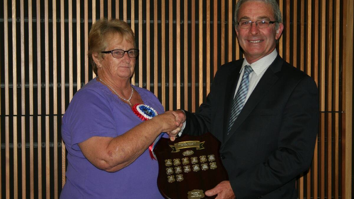Sue recognised for years of work: Mayor Stuart Freudenstein congratulates Sue Hardy who was named this year’s female winner of Senior of the Year on Sunday, March 16. 