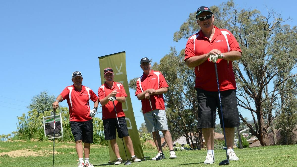 BACK AGAIN: The APA Group team have been strong supporters of the 000 Emergency Services Golf Day fundraiser, having played every year for the last four years. From left to right, Bernard Powderly, Geoff Walker and Chris Slater witness Peter Rushby drive-off at hole 15 last Friday.