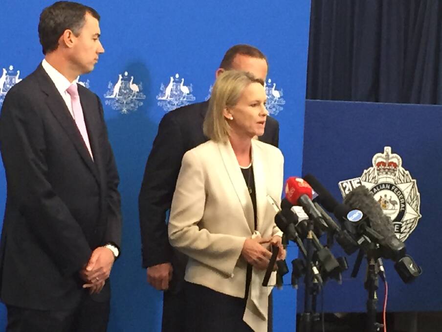 TASKFORCE: young-based senator Fiona Nash announcing the ice taskforce on Wednesday with Minister for Justice Michael Keenan and Prime Minister Tony Abbott. Photo: supplied. 