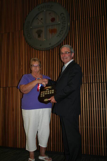 FEMALE SENIOR OF THE YEAR: Mayor Stuart Freudenstein awards local volunteer Sue Hardy. 