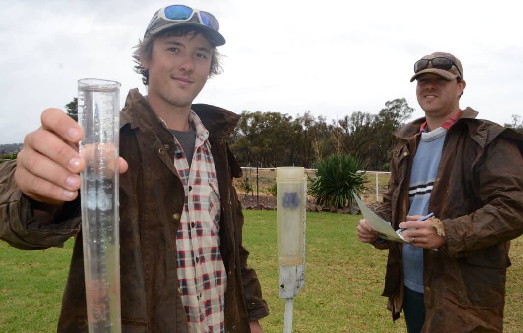 WELCOMED: Milvale Road farmers Matt Smart and Mick Reynolds recorded 34mm of rain had fallen on their property “Toompang” yesterday morning.