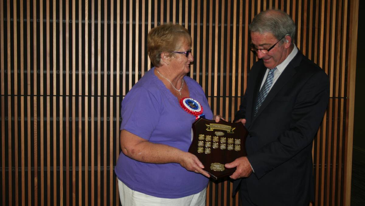 FEMALE SENIOR OF THE YEAR: Mayor Stuart Freudenstein awards local volunteer Sue Hardy. 