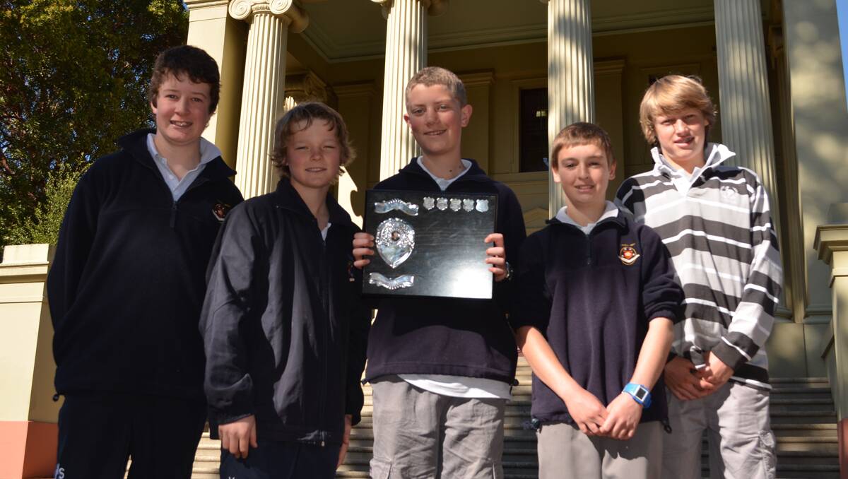 SECOND WIN: Young High School Year 8 boys Rhys Staff, Nick Kennedy, Matt Zuzek, Jordan Osmond and Will West were proud to bring home the trophy from the Cootamundra Maths Challenge for the second year in a row.