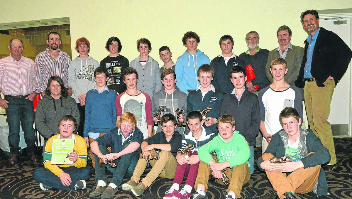 LEFT: The Under 15s (back, left to right) Rick Parker (manager), Richard Page (coach), Jack Alcorn, Mitchell Cameron, Ben Davis, Christian Bryton, Riley Turner, Ben Hegyl, Rodger Munday (linesman), Norm Chapman (trainer) and Jamie Watson (coach and club president); Centre (left to right) Connor Woods, Darcy Page, Iggy Bonsembiante, Charlie Brown, Will Munday, Tom Hurley and Brent Shoard. Front (left to right) Xavier Bonsembiante, Jono Davis, Henry Watson, Jarrod Livosli, Daniel Parker and Alex Chapman.     (jyabbiespres10)