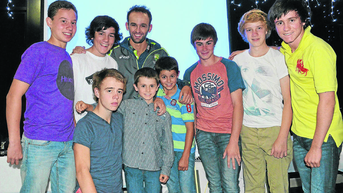 ABOVE: The junior cricketers who attended the presentation night enjoyed the company of Young’s own cricket sensation, Nathan Lyon. Back, left to right: Ethan Silk (16), Tim Maloney (15), Nathan Lyon, Tim Maloney (15), Michael Broderick (16) and Nathan Hislop (15). Front, left to right: Luke Doldissen (16), Clancy Hislop (8) and Patrick Hislop (10). 					(snrcricpres 024)