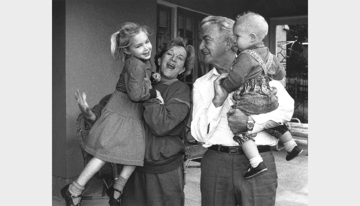 Hazel and Bob Hawke with their grandchildren Sophie, 5, and Ben, 14 months, at Kirribilli House in 1990. 