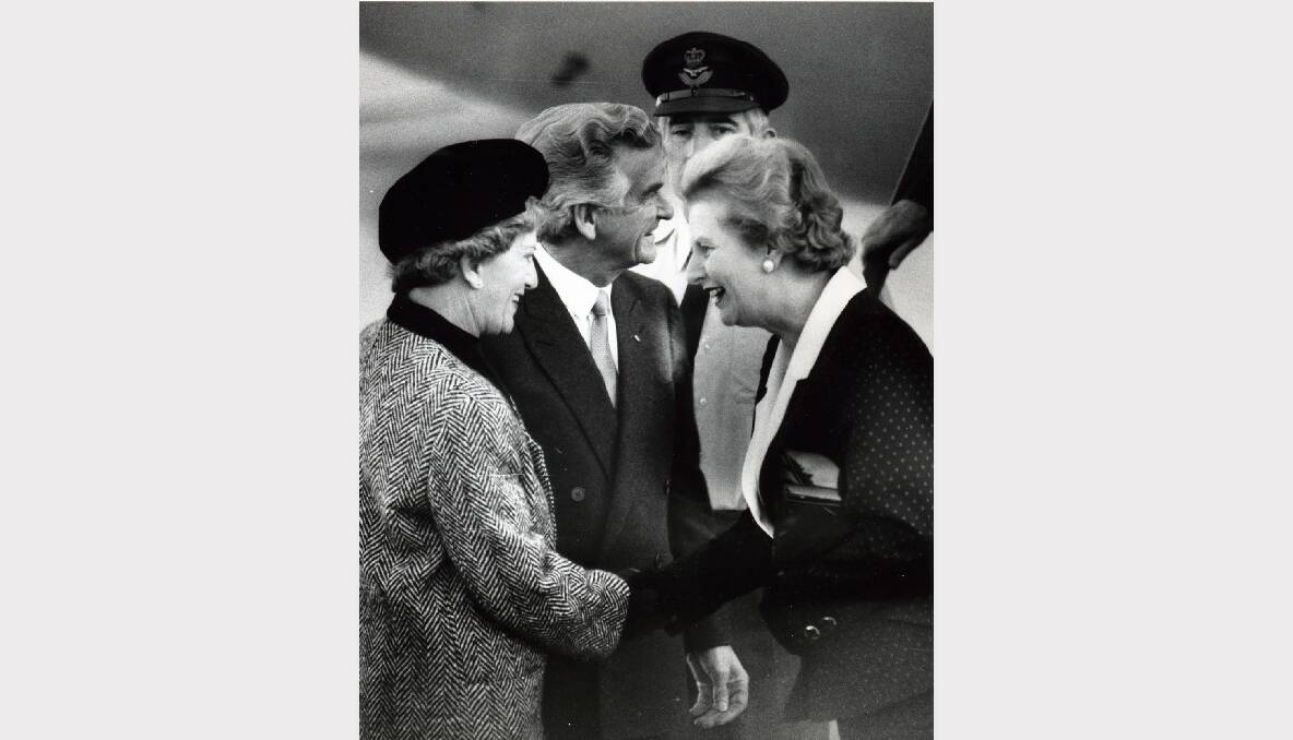 Meeting Margaret Thatcher on her arrival in Canberra in 1988.