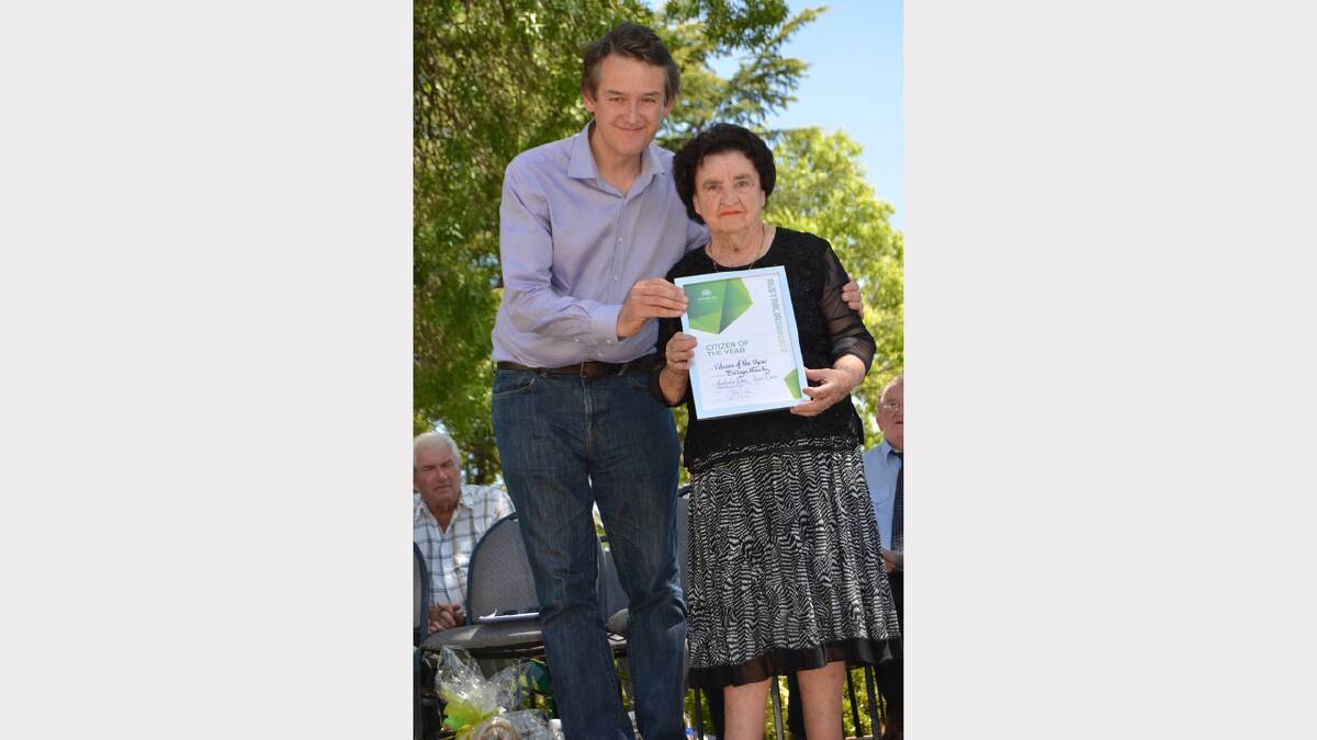 CITIZEN OF THE YEAR (left): Young’s Australia Day ambassador Planet Ark founder and influential environmentalist Jon Dee presented a quiet spoken Evelyn Hardy the Young Citizen of the Year award during the Australia Day celebrations in Carrington Park on Saturday.