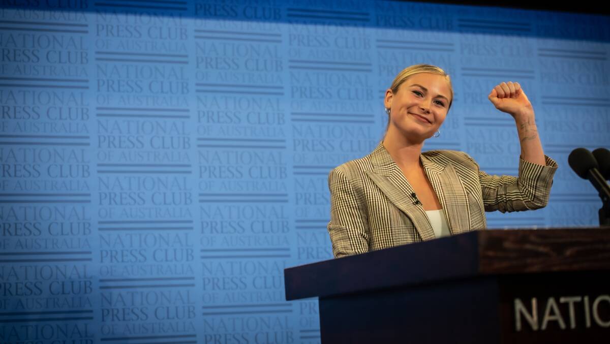 Grace Tame speaking at the National Press Club last year. Picture: Karleen Minney