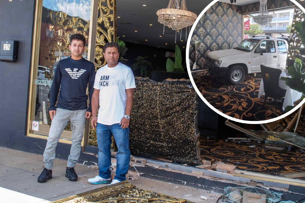 Pratap Dey Sarkar and Pradip Rai, owners of the Royal India Restobar on Bultje Street in Dubbo, were in hospital when they got the call about the accident. Picture by Belinda Soole/inset supplied
