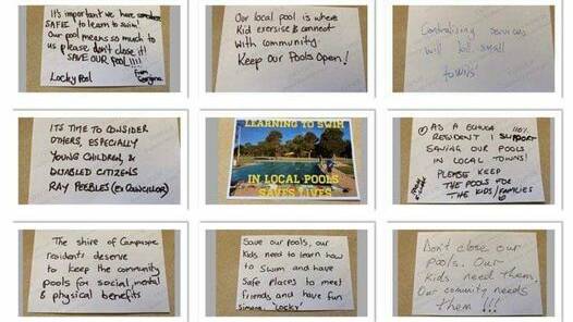 A collection of postcards from locals within the Campaspe Council area including messages of support to keep their local pools open for learn-to-swim programs. The middle postcard states 'Learning to swim in local pools saves lives'. Picture by Save Campaspe Pools Facebook page.