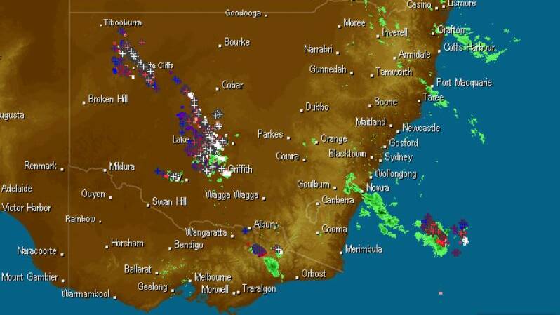 A radar image of the thunderstorm predicted for Tuesday started in the north west of the state and made its way to Young.