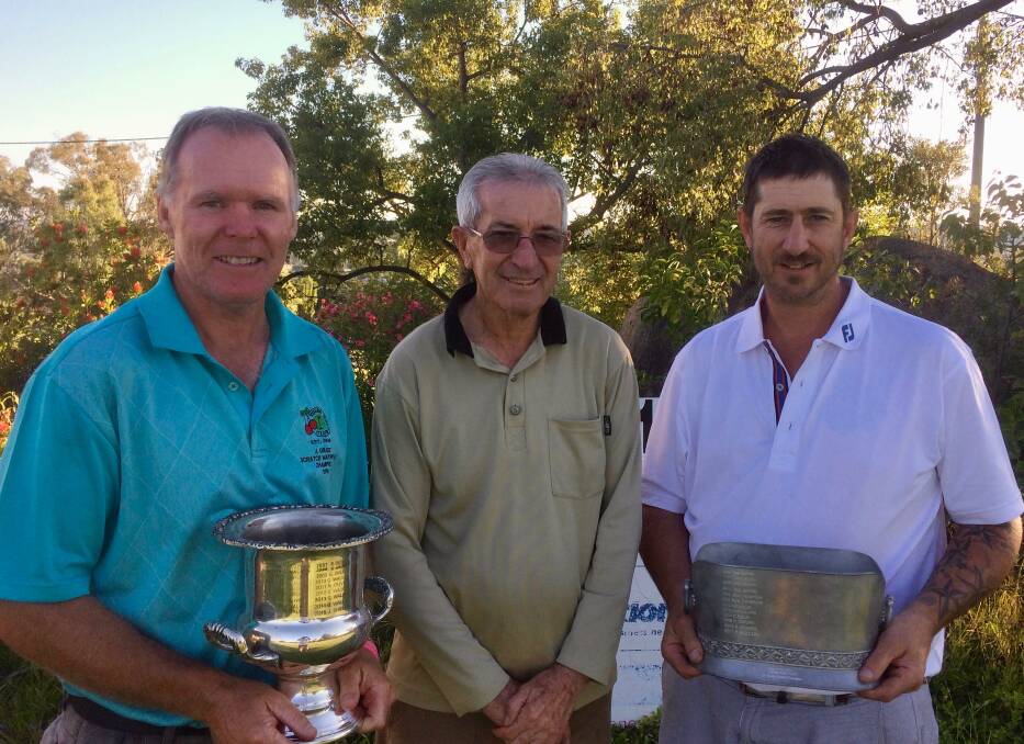 WINNERS: 2018 South West Slopes Credit Union Men's Championship winners A.Grade champion Geoff Walker with Brian Page from the South West Slopes Credit Union and B.Grade champ Gus Stinson.