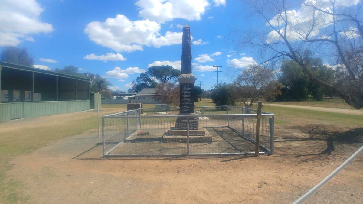 FOR THE FALLEN: The recently restored World War I memorial at Bimbi thanks to Max and Robyn Mara from Young. Photo: Supplied.