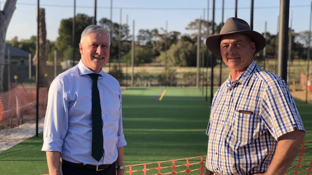 Member for Riverina Michael McCormack and Weddin Shire Council Mayor Mark Liebich at the upgraded Henry Lawson Oval in Grenfell.