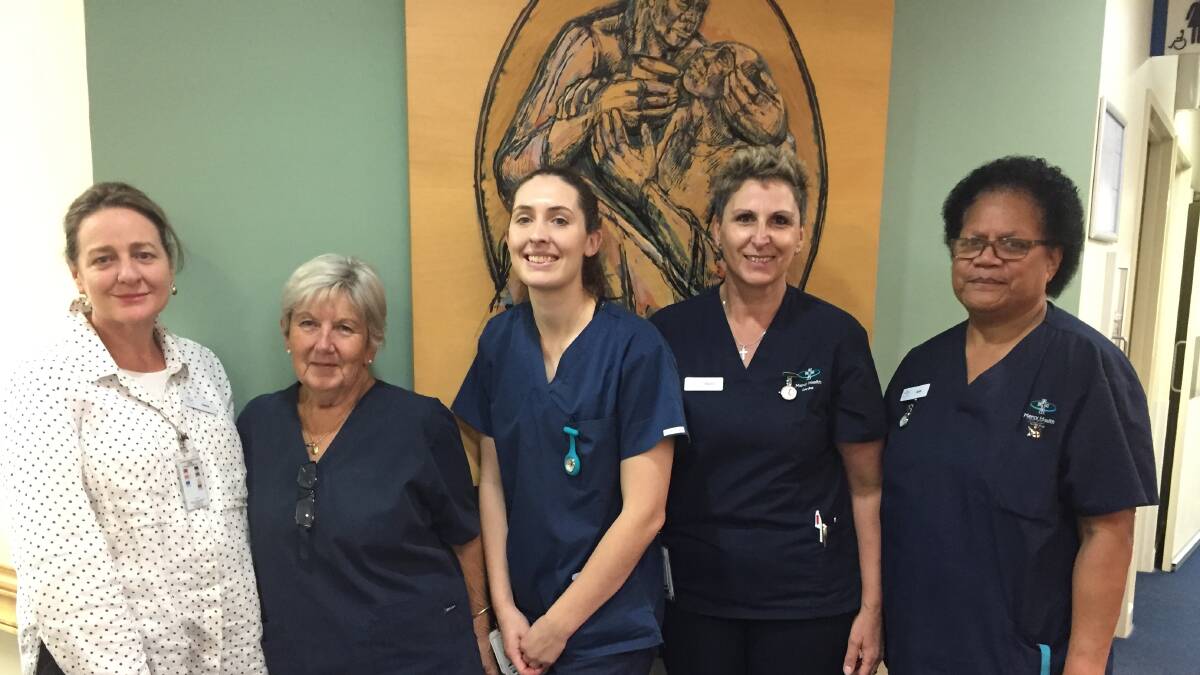 Jane Parkman, Pastoral Care with Mercy Care Centre nursing staff Toni Walton, Naomi Slater, Maria Hambilton and Aliti Tora.