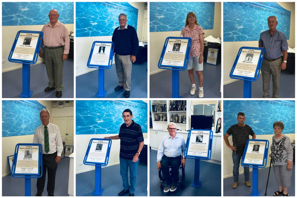 FAMOUS FOR A REASON: The eight inductees on the Young Sporting Walk of Fame which was opened on Saturday. Photos: Trish Patterson.