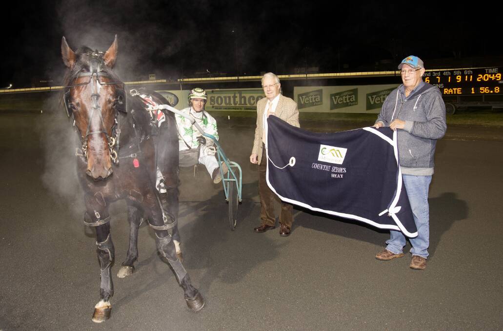 GETTING STEAMY: Bettermatch and his connections during the presentation on Tuesday night at Young Paceway. Photo: Martin Langfield.