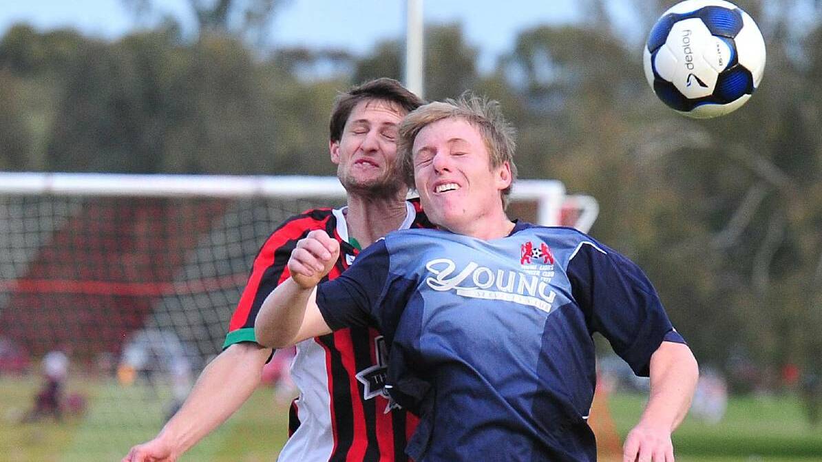 Duncan Cameron (right) in a 2-0 win over Cootamundra back in 2018. Photo: File.