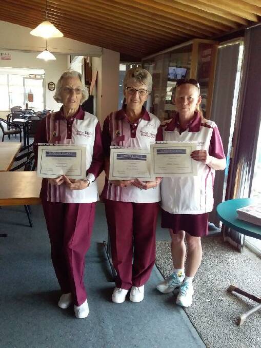 The Harden Hunnies: Pat Walker, Chris Handcock and Kelly Daley won the 2019/20 Summer League Comp in Young. Photo: Young Women's Bowling Club.