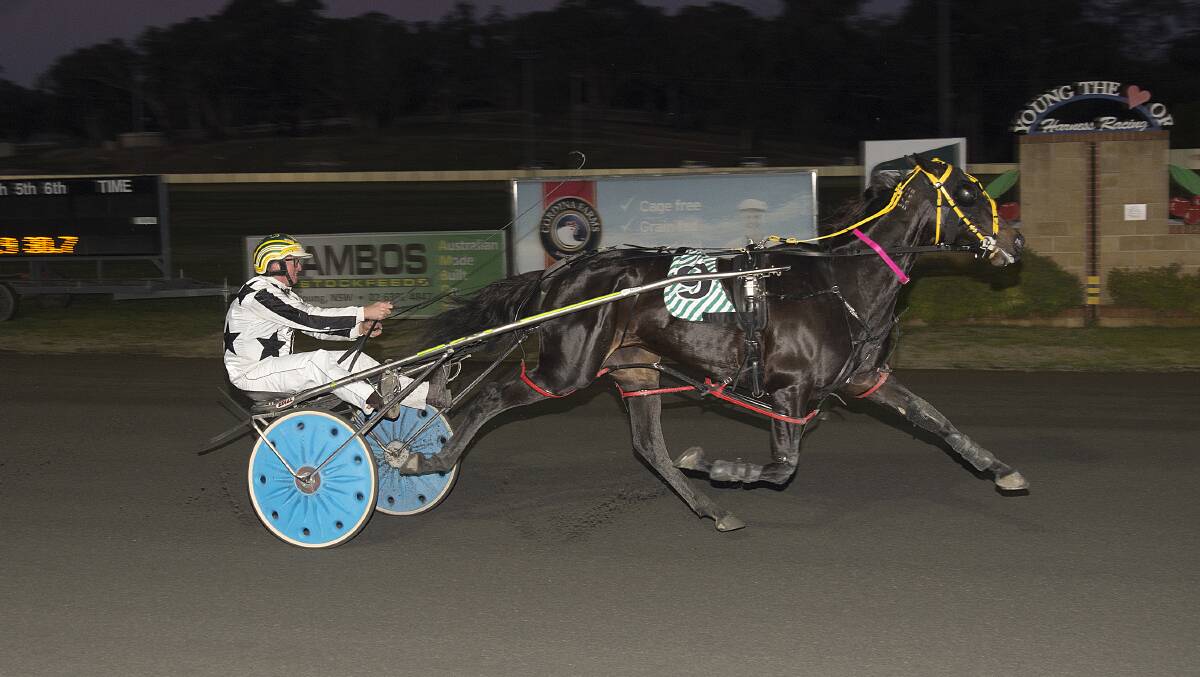 DRIVING IN THE DARK: Lettuce Pray crossing the line to bring home the win on Tuesday night in Young. Photo: Martin Langfield.
