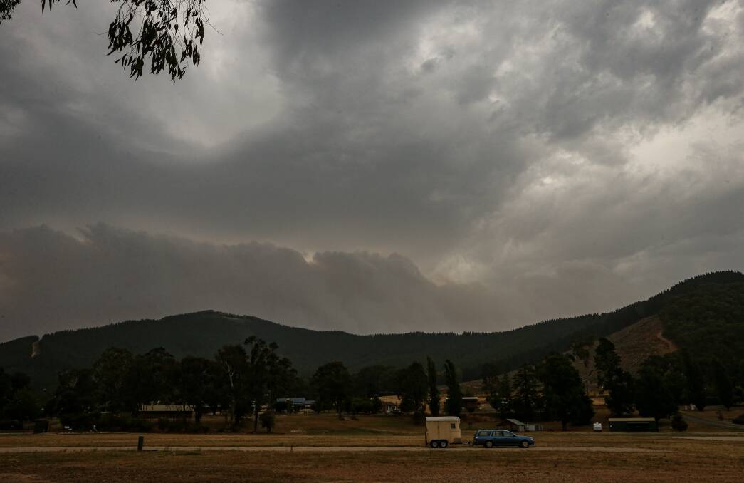 A BLEAK VIEW: Bushfires could be seen burning from Bright's Pioneer Park Recreation Reserve last week. Picture: JAMES WILTSHIRE