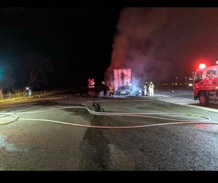 A truck transporting toilet paper caught alight outside of Jugiong on Friday morning. Picture: Jugiong Rural Fire Brigade