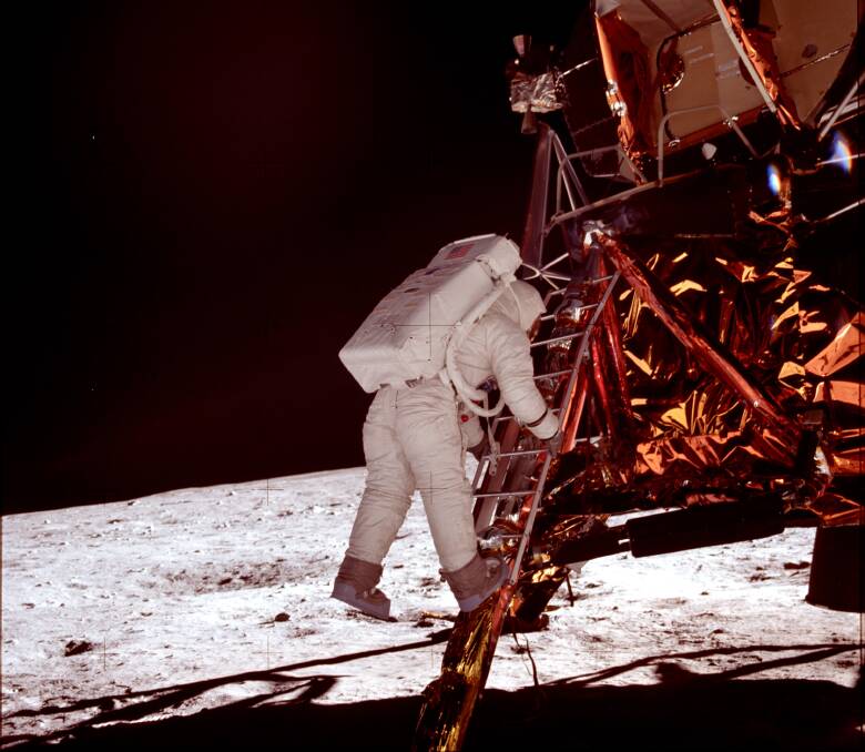 Buzz Aldrin steps from The Eagle lunar module on to the moon. Here, on Australian TV sets, we watched in glorious black and white. Picture: NASA