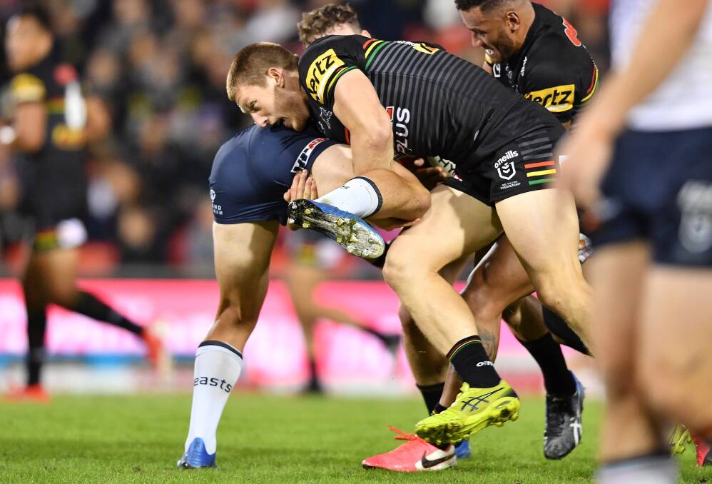 RARE CHANCE: Young junior Jack Hetherington making a tackle in Penrith's round one win over the Roosters. Picture: Robb Cox/NRL Photos