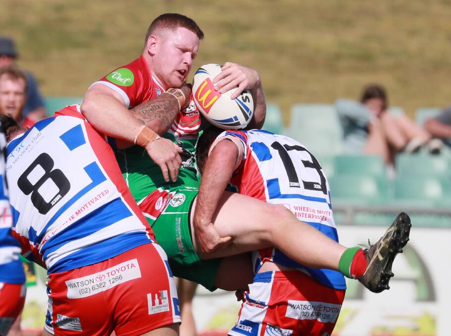 GOING NOWHERE: Hayden Philp gets stopped by the Young defence as Brothers had their season ended after a 40-10 loss to the Cherrypickers at Equex Centre on Saturday. Picture: Les Smith