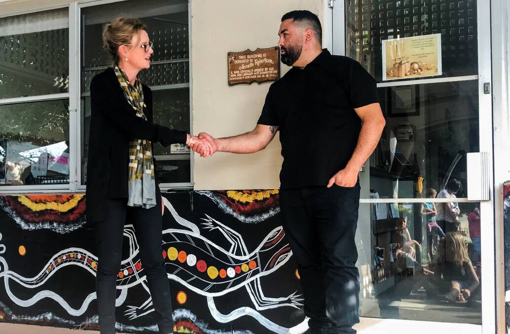 Cootamundra Member of Parliament Steph Cooke and artist Stewart James at the unveiling of the new murals at Annette's Place Child Care Centre.