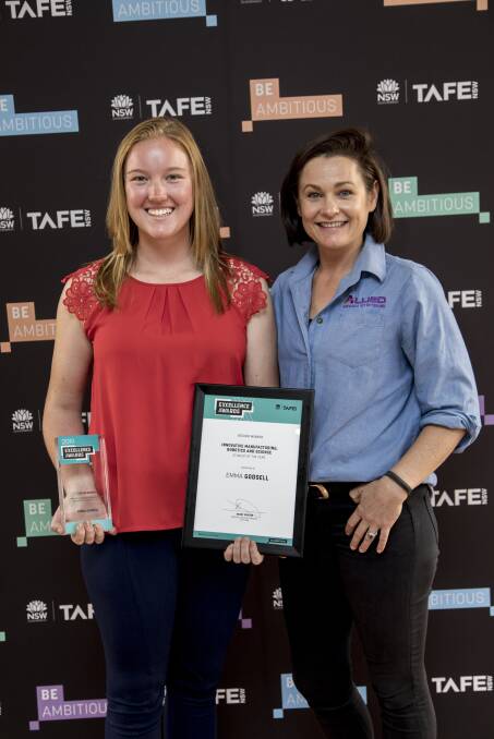 Innovative Manufacturing, Robotics and Science Student of the Year at the 2019 TAFE NSW Excellence Awards, Emma Godsell, with Allied Grain Systems Young’s office manager Sheree Gibson.