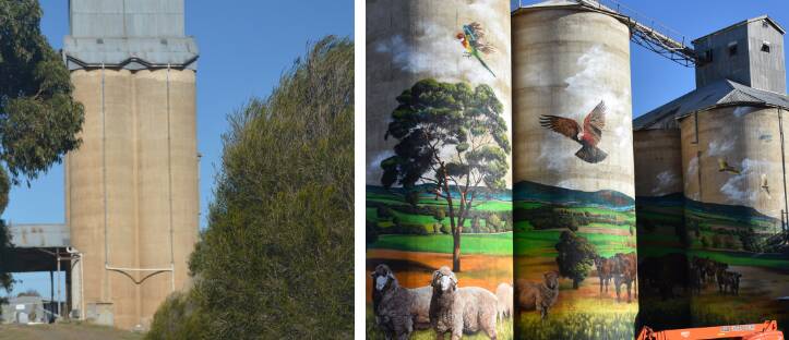 At left the Boorowa silo and at right, a section of the newly painted Grenfell silo.
