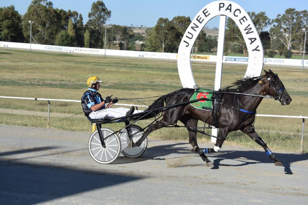 Village Witch scoring an impressive victory at Junee with Jason Grimson in the gig. Picture: Courtney Rees