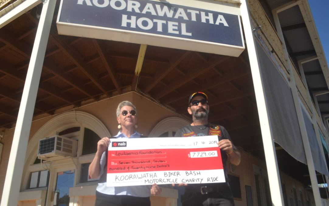 Louise Hoffman from the Leukemia Foundation and Koorawatha Bikers Bash organiser James Lambshead with the $7729 cheque donated to the Foundation.