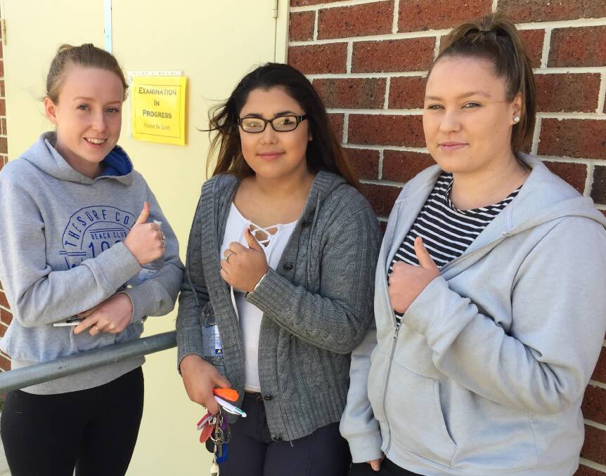 Young High students Stephanie Hannan, Mara Phillips and Tiarana Allison gave the first HSC English exam the thumbs up on Thursday afternoon.
