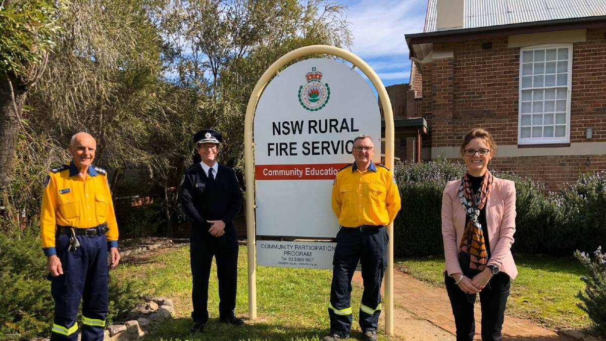 Group Captain Phillip Baer, APM, AFSM, Superintendent Andrew Dillon, Group Captain Peter Holding, AFSM and Member for Cootamundra Steph Cooke in Harden on Wednesday.