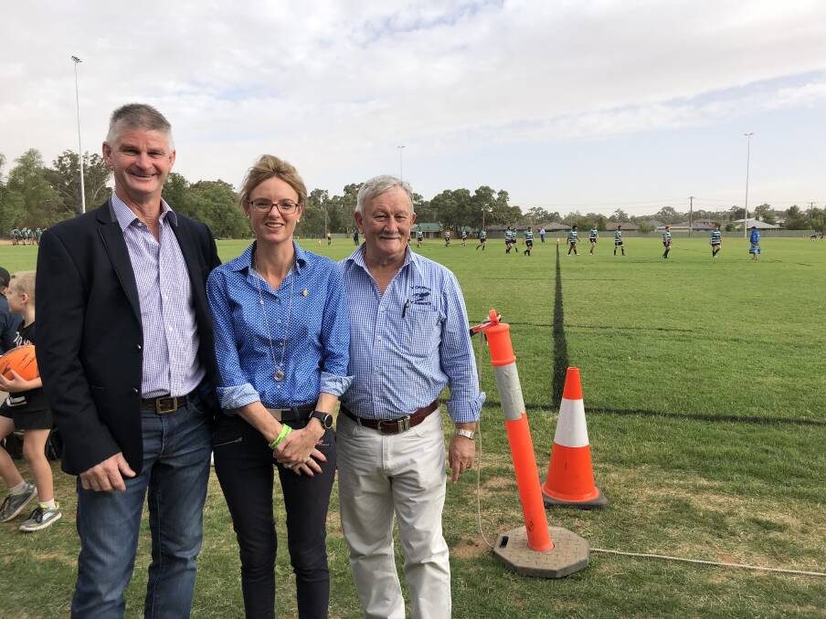 Ready for play: Hilltops Mayor Brian Ingram, Member for Cootamundra Steph Cooke and Young Yabbies Rugby Union Football Club president Cec Finley.
