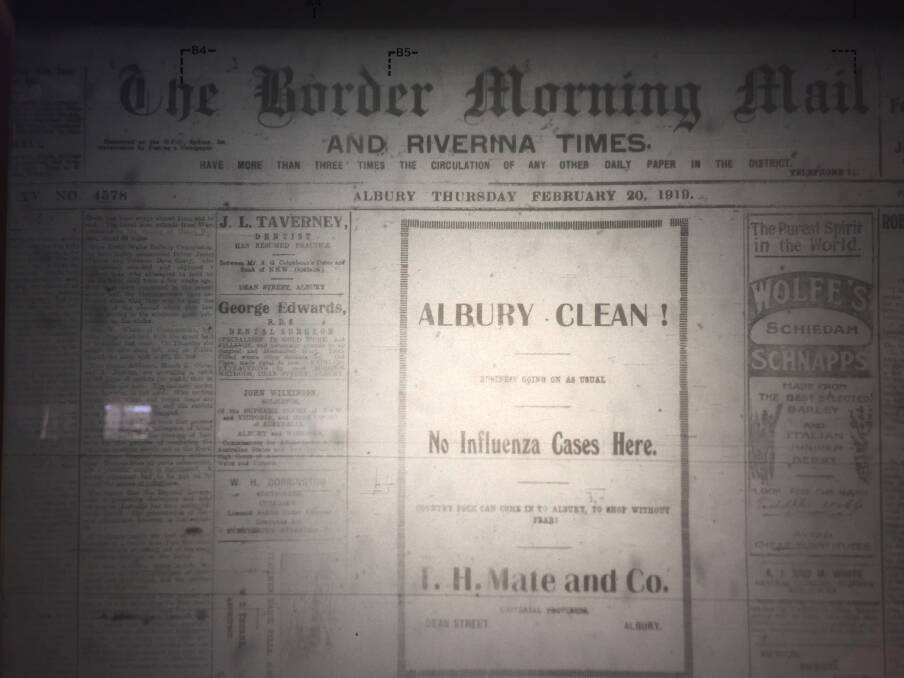 Top: An advertisement for Mate's store on front of The Border Morning Mail in February 1919 declared Albury was free of influenza and country people could come and "shop without fear".