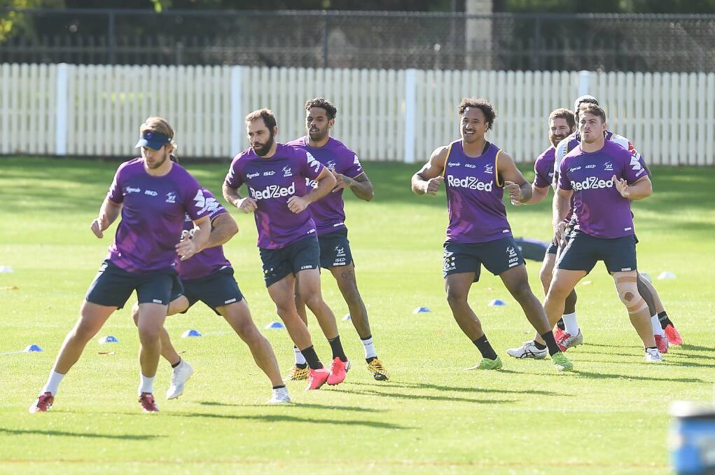 Christian Welch (front) led the Melbourne Storm at this training session in Albury in May and he's doing likewise on the field, punching out a career-best game against the Roosters in round 14.
