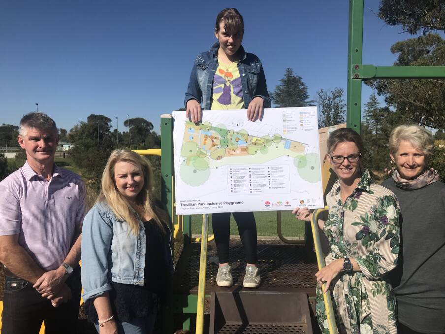 Member for Cootamundra Steph Cooke (second from right) helps display plans for Tresillian Park with Hilltops Mayor Brian Ingram, Kirralea Ciccarelli, Olivia Ciccarelli, 15, and Councillor Marg Roles.