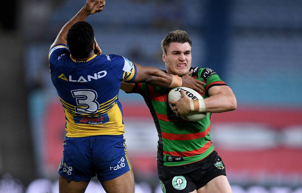 Former Cherrypicker Angus Crichton, seen here against Parramatta, has helped get South Sydney to the top of the NRL Ladder. Photo: AAP/DAN HIMBRECHTS