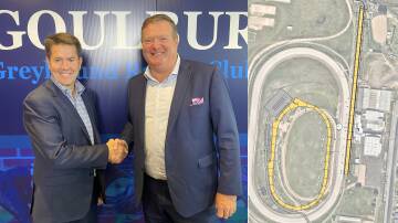 Minister for Hospitality and Racing Kevin Anderson with new GRNSW CEO Rob Macaulay, and the plans for the new Goulburn tracks. Photos: Supplied