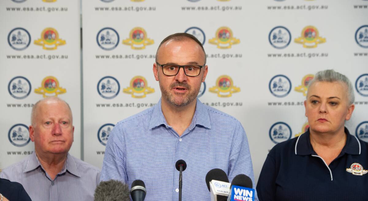 Emergency Services Minister Mick Gentleman (left), Chief Minister Andrew Barr (centre) and Emergency Services Agency Commissioner Georgeina Whelan provide an update during the fire emergency. Picture Elesa Kurtz