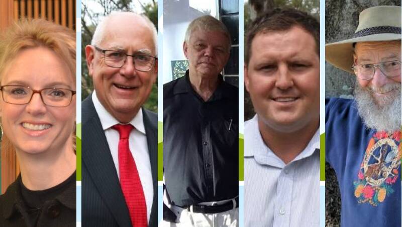 Cootamundra candidates Steph Cooke (Nationals), Mark Douglass (Country Labor), Dr Jim Salem, Matthew Stadtmiller (Shooters and Fishers) and Jeffrey Passlow (Greens).