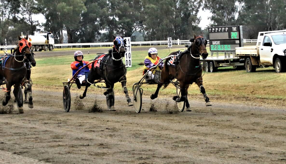 Brexitt (inside), driven by Seryn Adams, wins heat two of the Sam Agostino Memorial at Cowra last Sunday. Photo: Coffee Photography