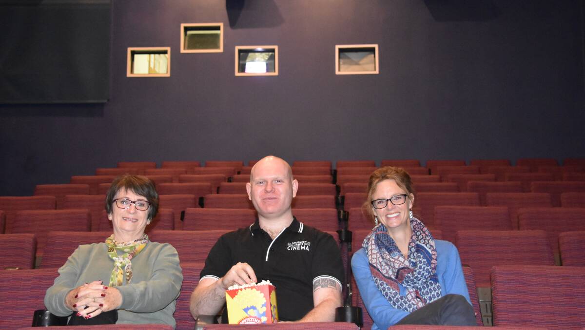 Vice president of Southern Cross Cinema committee Joy Rule, cinema manager Matthew Hall and Cootamundra MP Steph Cooke. Photo: Peter Guthrie