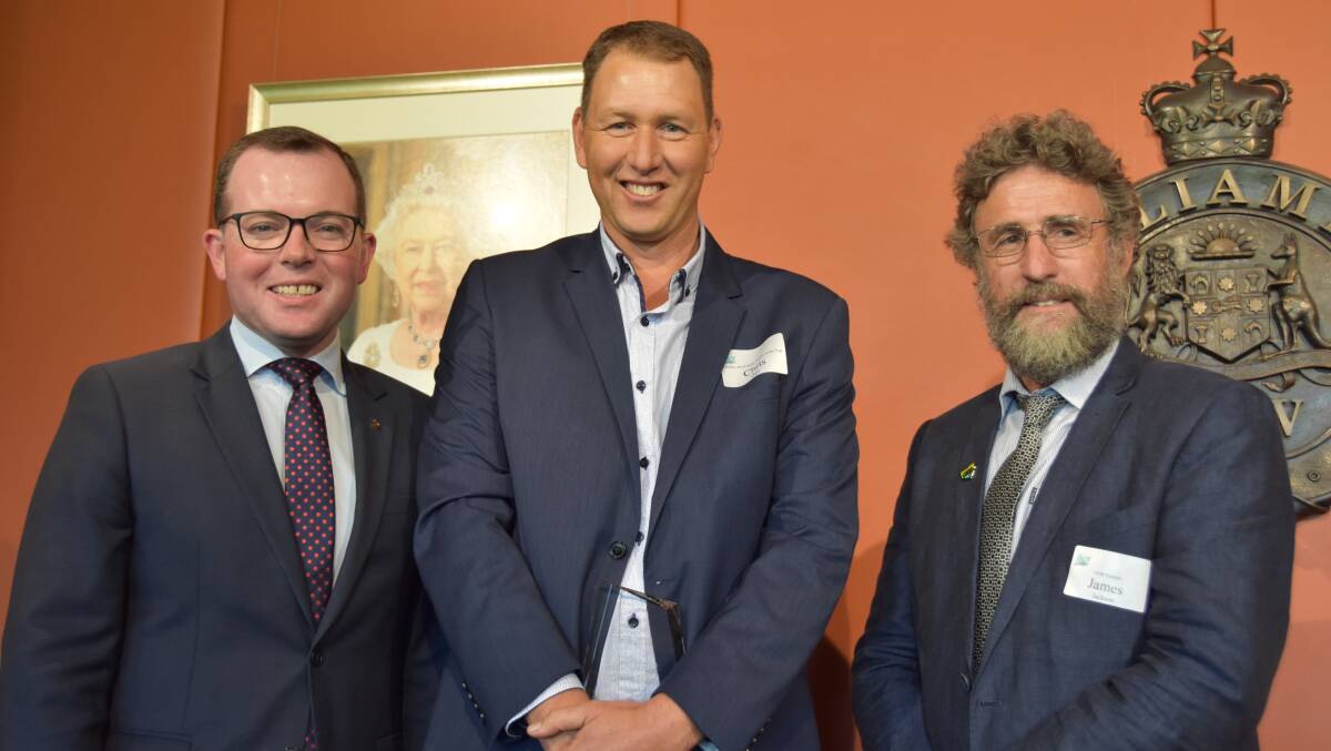 Chris Hall (middle) with Adam Marshall MP and NSW Farmers' president James Jackson.