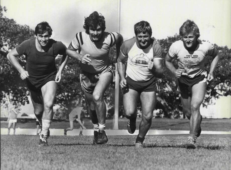 David Howell [second right] at training with Wests players Peter Walsh, Ron Broderick and Peter Duggan in 1981. 